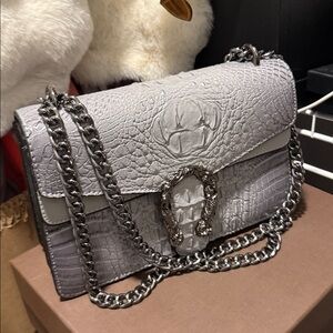Gray Croc-Embossed Chain Bag